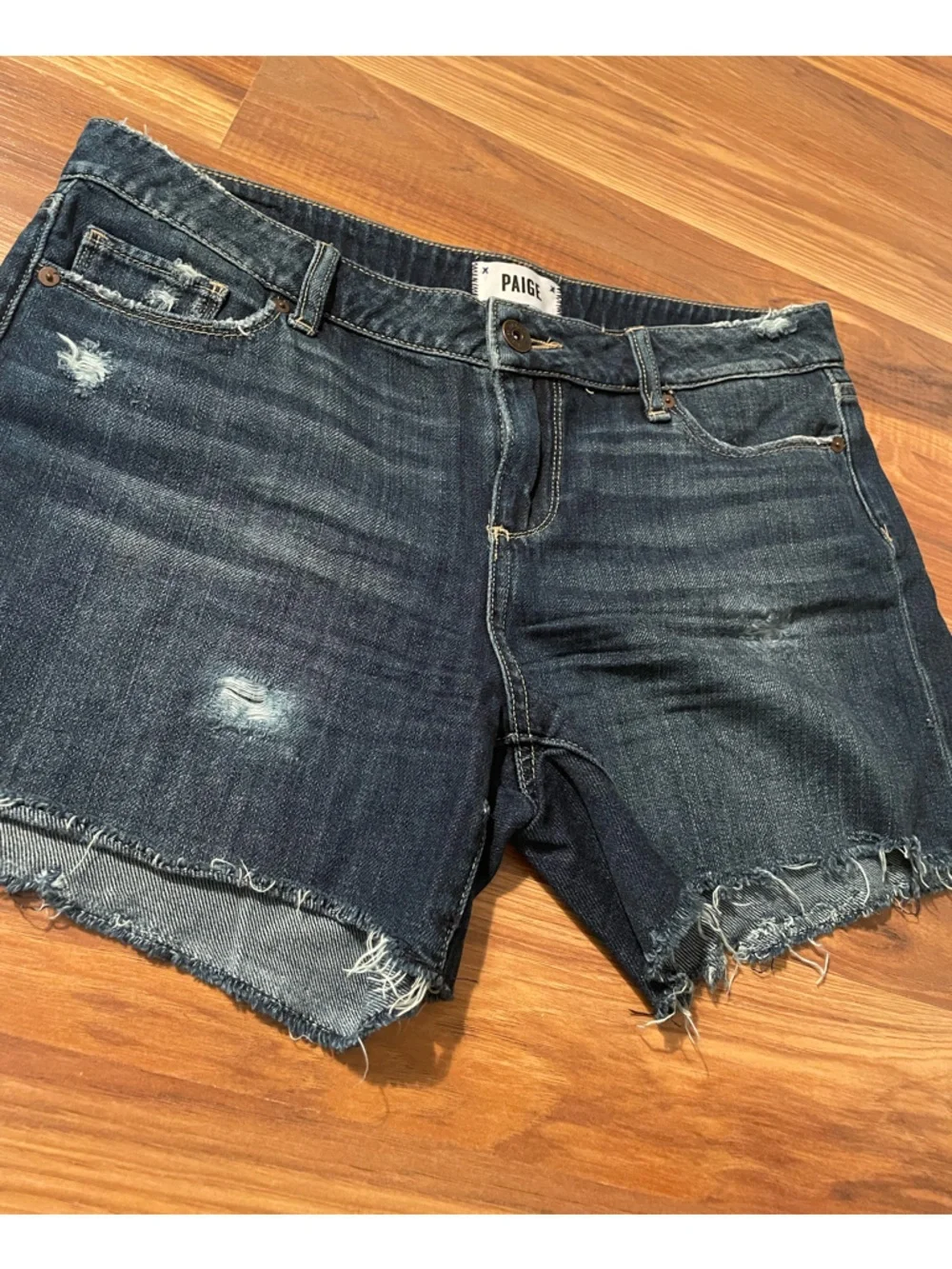 PAIGE Jimmy Jimmy Short Dark Wash Distressed High Waist Cut off - Women's 29 - Picture 2 of 5